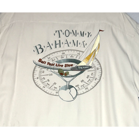 Tommy Bahama Other - Tommy Bahama Mens XL Silk Camp Shirt Beige Embroidered Sail Fast Live Slow